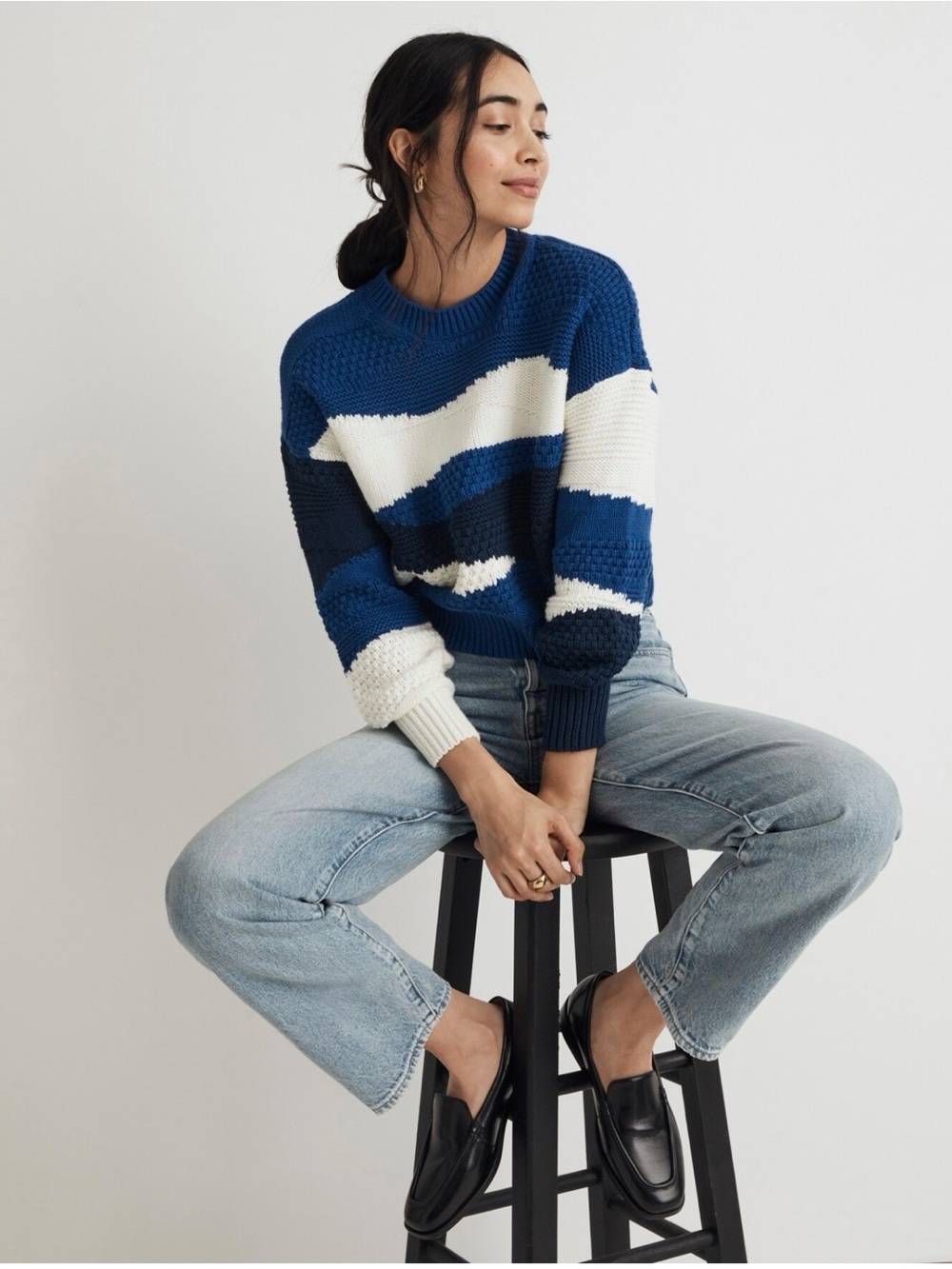Madewell Blue, Navy & White Intarsia Crewneck Sweater Size L NWT